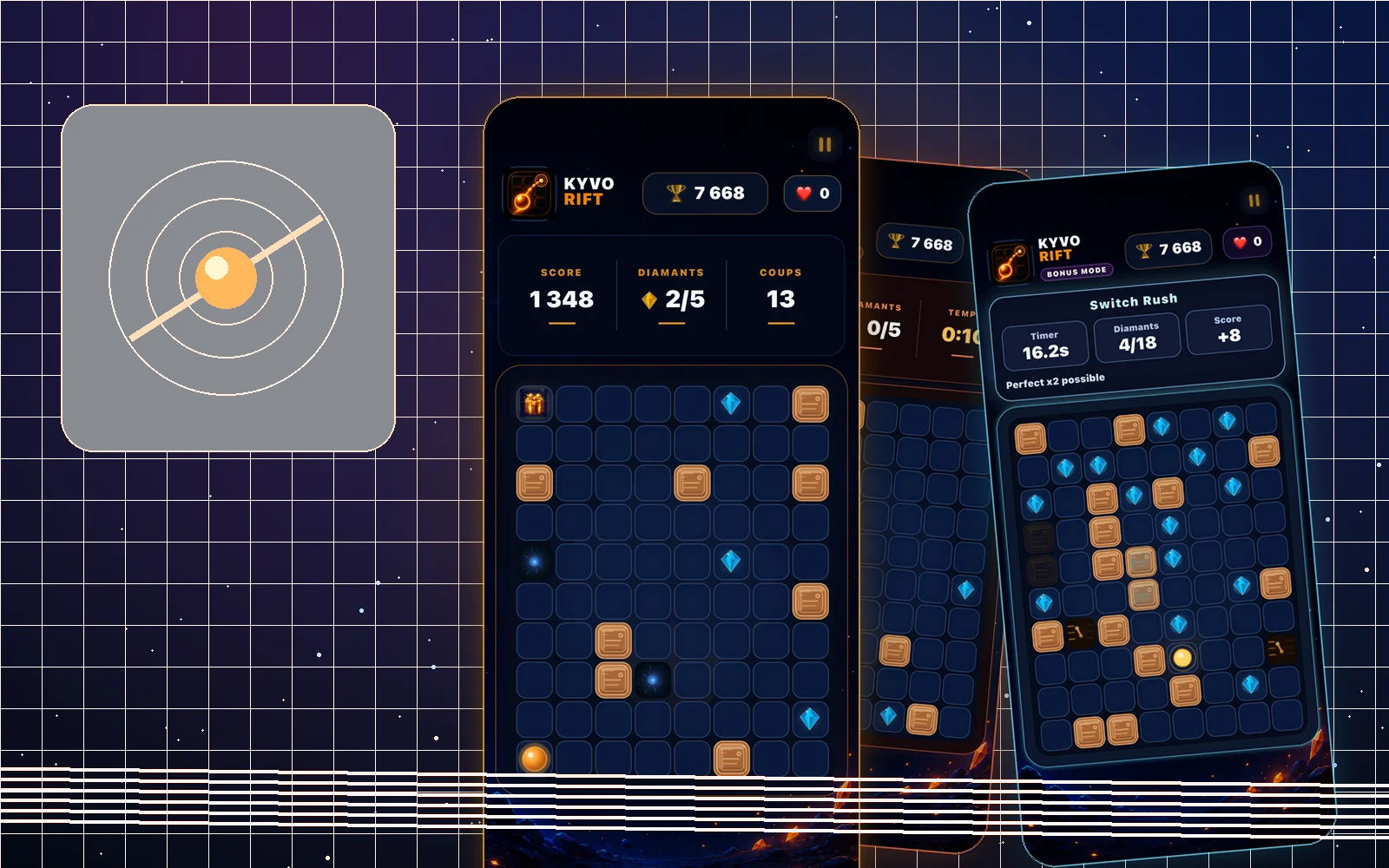 Kyvo Rift gameplay preview with diamonds, traps, and arcade puzzle grids